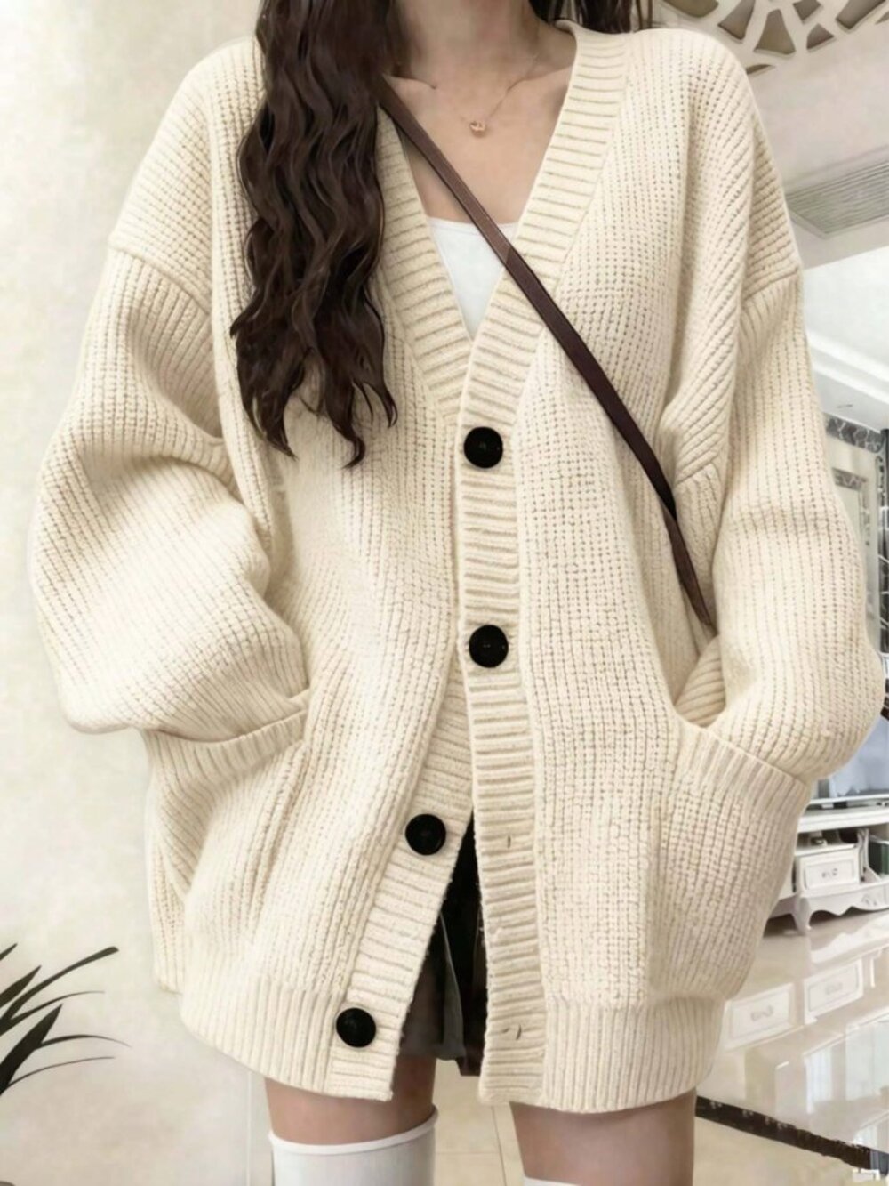 Beige Casual Women's Button Loose V-Neck Drop Shoulder Cardigan Sweater
